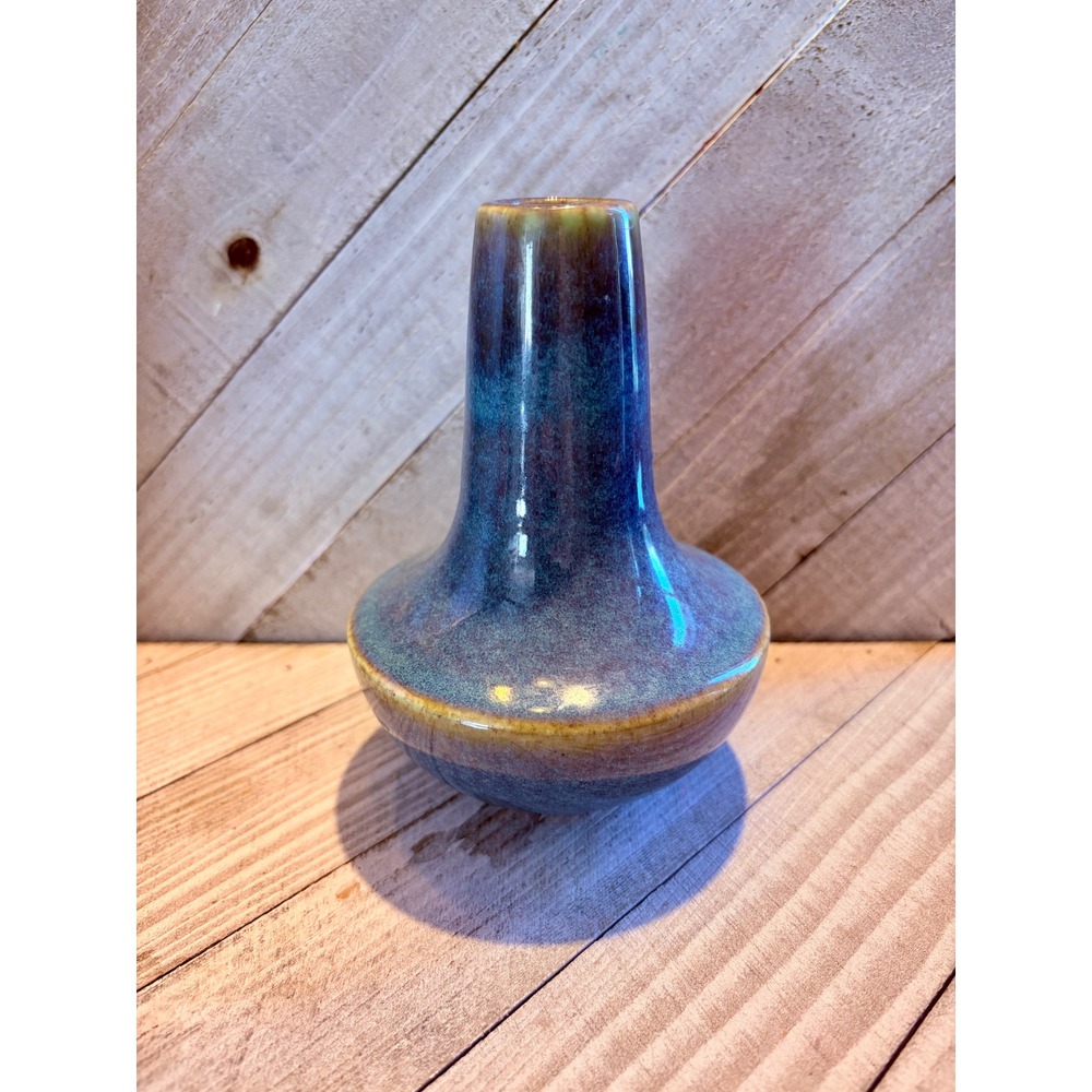 Studio Pottery Bud Vase Teal Blue Brown Reactive Glaze Ceramic Handcrafted 5.25"